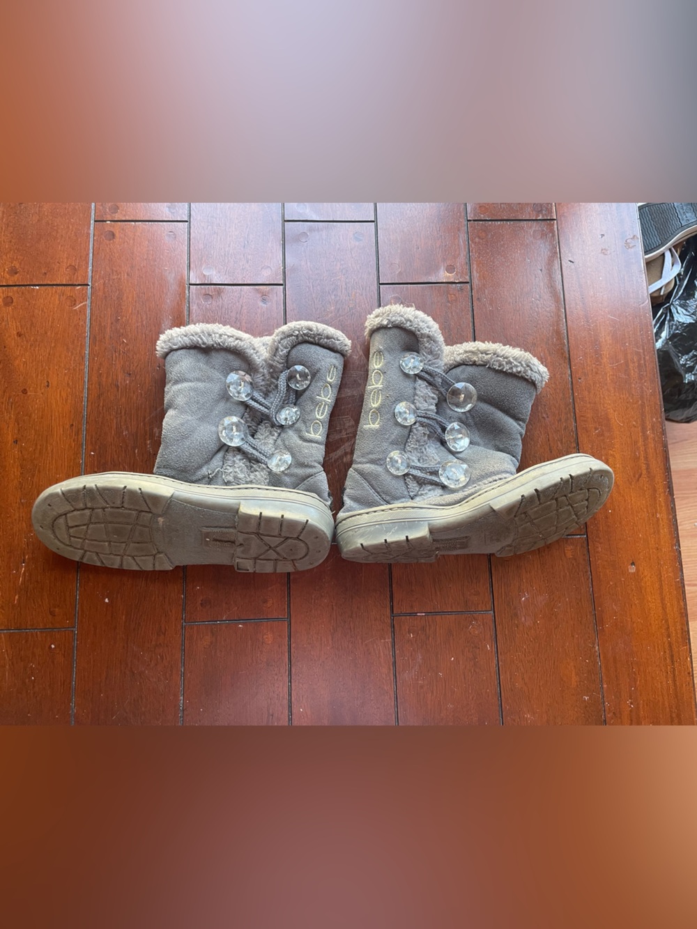 bebe Kids Gray Faux-Fur Boots with Crystal Buttons